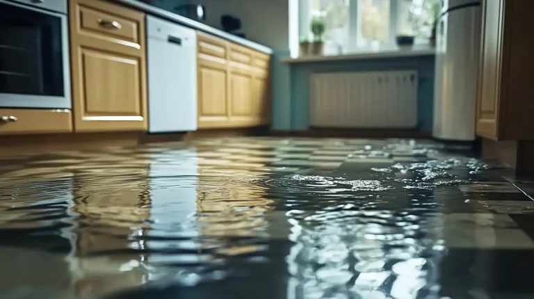 Sewage cleanup Atlanta - flooded kitchen floor before restoration