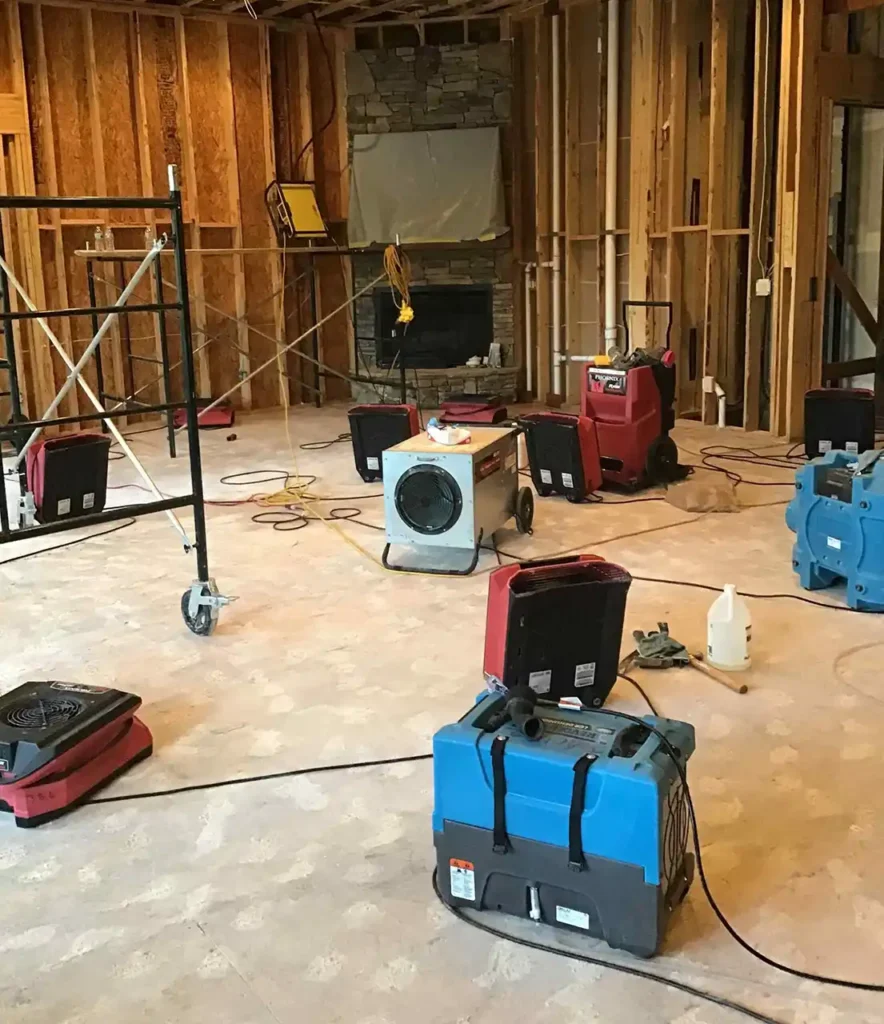 Water mitigation equipment on the floor of an empty room for water damage restoration