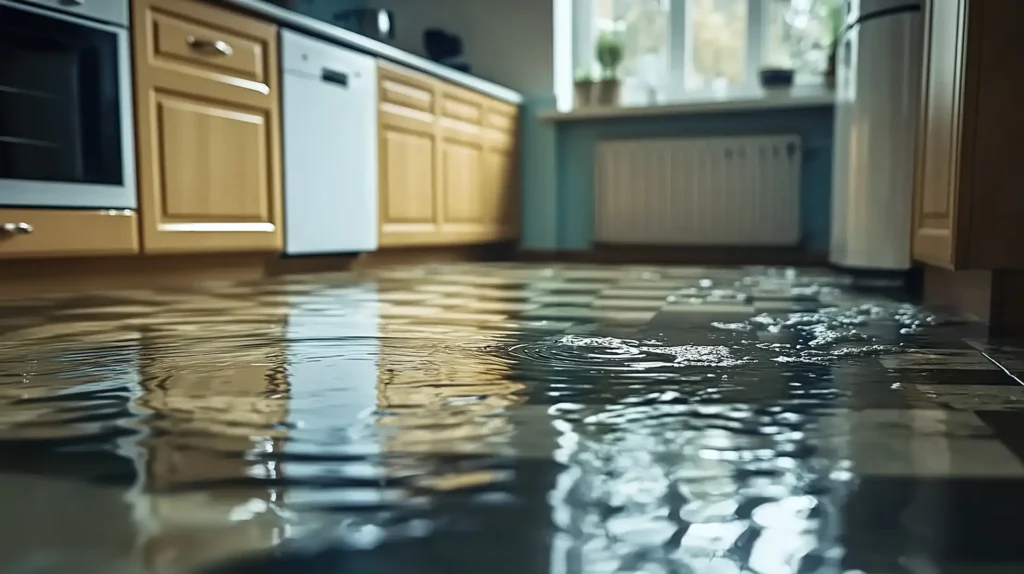 Sewage cleanup Atlanta - flooded kitchen floor before restoration